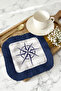 Luxury Compass Motif Fringed Coffee Side Serving Napkin - Marina Themed Modern Navy Blue Presentation Handkerchief - 8