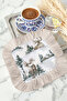 Nordic Deer Forest Fringed Coffee Side Serving Napkin - Winter Nature Rustic Green Cream Presentation Napkin - 5