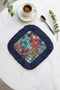 Colorful Mosaic Fringed Coffee Serving Napkin - Energetic Bohemian Navy Blue Yellow Coaster Napkin - 2