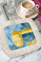 Artistic Luxury Fringed Coffee Serving Napkin - Colorful Modern Blue Yellow Beige Coaster Napkin - 6