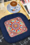 Palace Splendor Fringed Coffee Side Serving Napkin - Mediterranean Bohemian Geometric Navy Blue Presentation Napkin