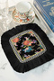 Baroque Floral Fringed Decorative Fabric Napkin - Black Gold Colored Bohemian Coaster Tissue - 2