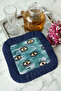 Bohemian Presentation Napkin with Evil Eye Motif and Fringes - Modern Trendy Cyan Navy Blue Coaster Tissue - 7