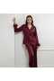 Burgundy Satin Long Sleeve Pajama Set with Feather Detail - 2
