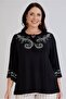 Women's Plus Size Ethnic Pattern Printed V-Neck Tassel Tie Collar Three Quarter Wide Sleeve Stretchy Blouse