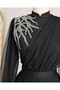 Draped Tulle Evening Dress with Stone Detail on the Shoulder - Black - 3