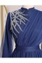 Draped Tulle Evening Dress with Stone Detail on the Shoulder - Navy Blue - Navy - 3