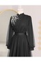 Draped Tulle Evening Dress with Stone Detail on the Shoulder - Black - 4
