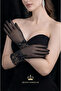 Black Lace Cuffed Tulle Gloves with Pearl Bow Detailed Fancy Stylish Evening Event Accessory