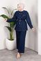 Stone Detailed Belted Denim Hijab Suit Dark Blue - 3