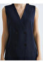 Navy Double-Breasted Collar Striped Women's Classic Vest - 5