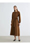 Brown Crew Neck Belted Dress - 6