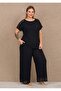 Black Lace Short Sleeve Wide Leg Plus Size Women's Pajama Set - 3