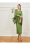 Green Fringe Sleeves Sheath Midi Dress - 3