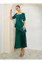 Green Puff Sleeves Pleated A-Line Maxi Dress