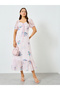 Pink Floral Print Puff Sleeve Ruffled Hem Maxi Dress - 2
