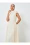 Beige Pleated Short Sleeves A-Line Midi Dress - 2