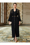 Women's Solid Rhinestone Embellished Open Collar Long Sleeve Elastic Cuff Golden Trim Jalabiya