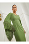 Green Fringe Sleeves Sheath Midi Dress - 2