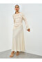 Beige Floral Long Sleeves A-Line Maxi Dress - 3