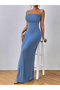 Women Blue Halter Neck Sleeveless Bodycon Maxi Dress - 3
