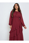Women Red Balloon Sleeve Ruffled Detail Maxi Dress - 2