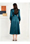 Blue Satin Balloon Sleeve Belted Midi Dress - 4
