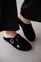 Liorix Genuine Leather Asymmetrical Cut Gold Adjustable Buckle Detailed Women's Slippers - Black Suede