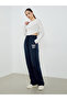 Dark Blue Wide Leg Joggers with Print Detail