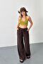 Women's Adjustable Waist Double Pocket Wide Leg Pants Brown - 26Y 4010 - 4