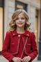 Girl's Collar and Edges Beaded and Stone Embellished Jacket Skirt Feathered Hem Sleeveless Red Chanel Dress - 5