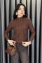 Big Dart Turtleneck Stripe Ruffle Blouse - Brown Brown - 3