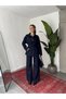 Women's Navy Blue Viral Denim Set Oversize Shirt Wide Leg Pants Belted Jean Two-Piece Set - 2