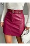 Leather Belted Skirt - Burgundy |   F1840 - Claret Red - 4