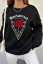Women's Black Unexperted Printed Crew Neck Sweatshirt - 3