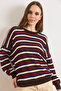 Women's Brown Striped Openwork Oversize Seasonal Knitwear Blouse Blz-19003216 - 3