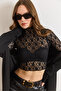 Women's Black High Neck Crop Lace Blouse Blz-19003229
