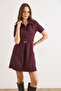 Women's Plum Half Buttoned Belted Mini Flared Dress Elb-19002591 - 4