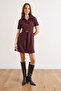 Women's Plum Half Buttoned Belted Mini Flared Dress Elb-19002591 - 2
