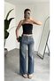 Women's Dark Blue Stoned Wide Leg Jean Trousers High Waist Loose Leg Denim - 7
