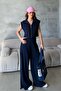 Women's Navy Blue Soft Modal Textured Vest Wide Leg Pants Bottom Top Sports Set - 2