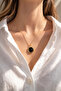 Gold Plated Anthracite Natural Stone Round Pendant Minimal Framed Chain Necklace - 2