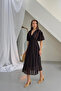Women's Brown V-Neck Gathered Waist Soft Textured Lined Midi Dress - 3