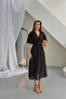 Women's Brown V-Neck Gathered Waist Soft Textured Lined Midi Dress