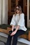 White Mesh Knitted Crew Neck Relaxed Fit Women's Knitwear Blouse - 3