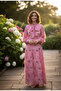 Women's Lined Patterned Gathered Collar Bow Detailed Chiffon Long Dress