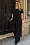 Black Short Sleeve Tie Detail Long Shirt-Pants Women's Bottom-Top Set