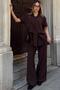 Brown Short Sleeve Tie Detail Long Shirt-Pants Women's Bottom-Top Set