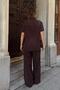 Brown Short Sleeve Tie Detail Long Shirt-Pants Women's Bottom-Top Set - 6