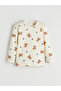 Ecru Crew Neck Printed Girls' Pajama Set - 4